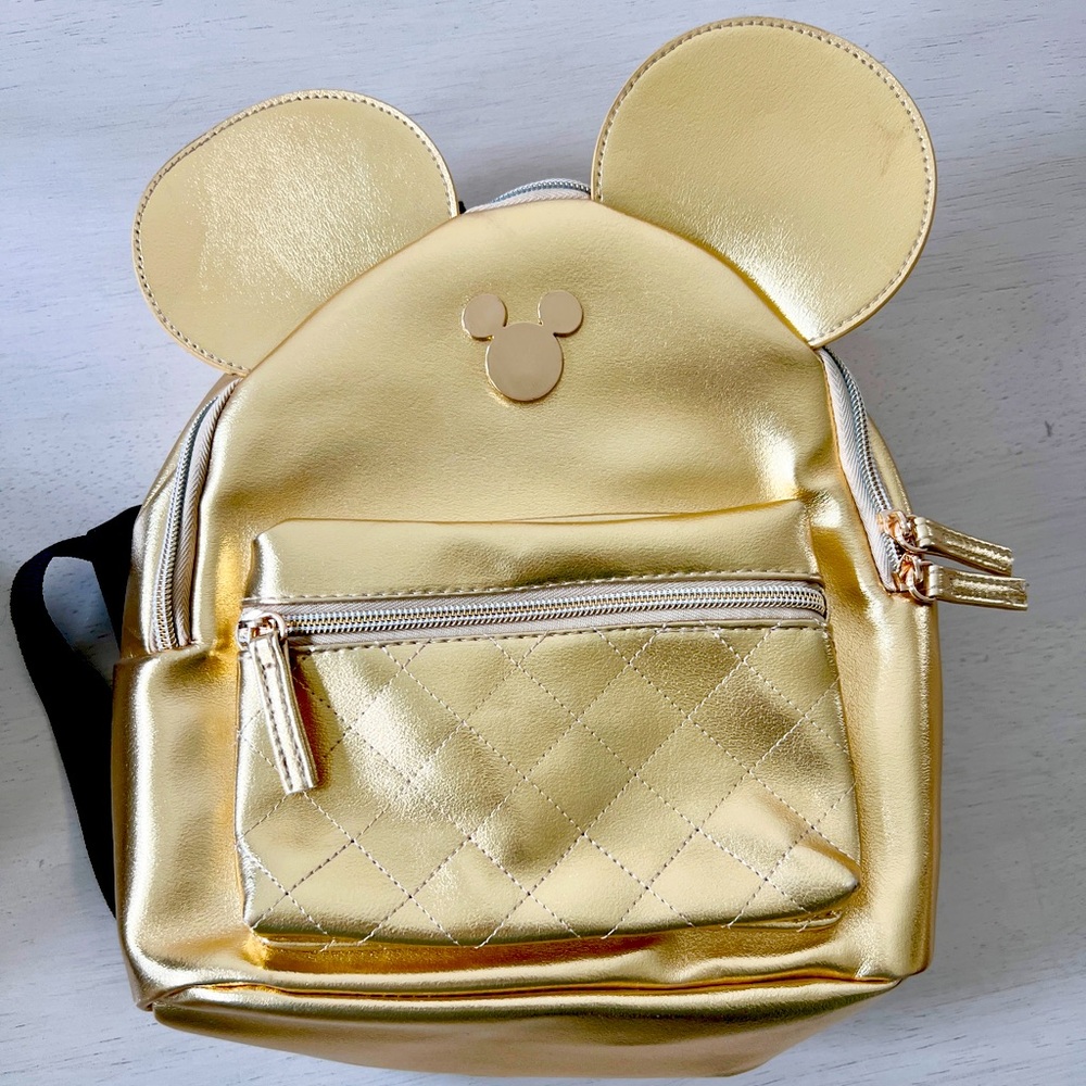 Disney Mickey Mouse Mini Backpack Metallic Gold Woman's Quilted Mickey Ears NWOT